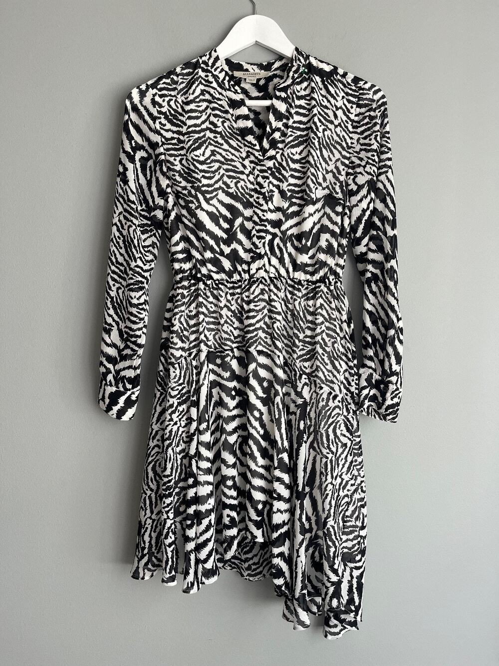 AllSaints Women's Zebra Print Chiffon Dress Long Sleeve Asymmetric XS Statement